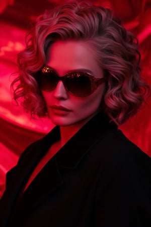 Portrait of Irina Shayk in elegant retro-futuristic style with blonde hair, wearing red sunglasses reflecting lights. Her expression is enigmatic and confident, with deep red lips. She wears a black coat on an abstract background of vibrant red tones. Fashion studio lighting, should create a play of light and shadow on her face, adding depth and drama to the image, volumetric lights Masterpiece,futurediff, ((No Asian features)),hiperrealism,,xRottx-gta-Style,Yulia Peresild 1.1 FLUX.1,1 girl