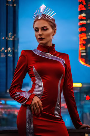 ((Full body photo)), (A beautiful 35 years old Russian girl: (alexandramaslakova), like a Russian princess with clothes of Russian culture but modernized with futuristic Cyberpunk style elements, red and silver colour), ((she has on her head futuristic Kokoshnik of Russian culture)), elegant photo, background of a future Russian city with skyscrapers, on a busy and elegant avenue, professional photo taken with Canon EOS R5, photorealistic, intricate details, sharp 8k, (neon lighting and volumetric lights on her face and body), (neon ambient lighting),cyborg,alexandramaslakova,Ghost in the Shell style