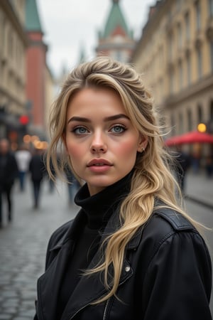 A confident blonde woman with piercing blue eyes and a chic ponytail confidently walks through the vibrant streets of Moscow, close up ,radiating sophistication and independence. Dressed in elegant attire, she captivates onlookers with her alluring presence. This cinematic GoPro photograph freezes her in motion, her graceful stride harmonizing with the backdrop of iconic landmarks and bustling city life. Amidst the urban chaos, she exudes poise and confidence, embodying modern elegance against the historic charm of Moscow's cityscape. ((Face without Asian features)),illustration