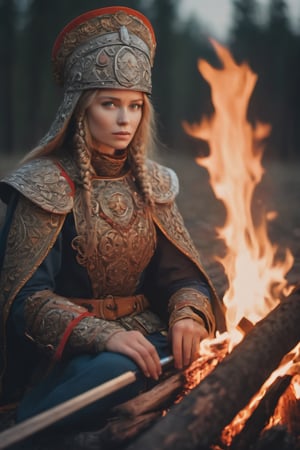 (professional close-up photography by Daria Lefler), (dressed as a commander, 13th century Russian warrior) (intricate details and beautiful warm colors), (a campfire illuminates the twilight of the night), her geuriers accompany her in a pre-war ritual, colorful contrast, centered, extremely detailed, sharp focus, conceptual art, (cinematic style), high quality epic background, ultra detailed landscape, ultra sharp focus,Geographic photography, photorealistic, hyper realistic , shot on Hasselblad X1D 100MM, natural lighting, emotional face