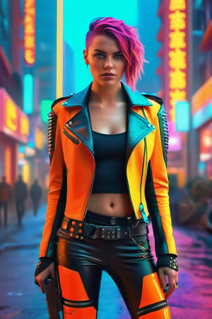 ultra detailed shot of a woman holding a gun and wearing biker leather clothes, ((full body:1.2)) she looks angry, she has cybernetic prosthetics, one deep scar, (((half-shaved bob hairstyle))) ultra futuristic city with neon lights, very bright colors, shot by MSchiffer, realistic 3d render, (high saturation:1.3) contrasting colors,make_3d,DonMCyb3rN3cr0XL 