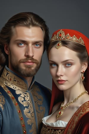Husbands of the monarchy, 35 year olds, porcelain white skin, blue-gray eyes, neat brown hair, Bearded man and beautiful woman with traditional Russian ornamentation with gold details and red fabrics, (Moscow Principality Monarchy of the 13th century), twilight environment with a dim light on their faces, ultra detailed, (photorealistic), perfect eyes, perfect anatomy, ((photorealistic skin-textured faces)), IMGFIX,perfecteyes