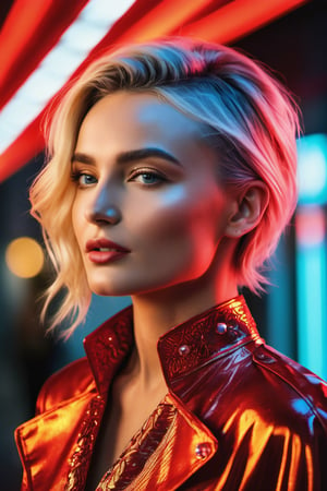 (Full length photo), (A beautiful 35 year old Russian girl: (Polina Gagarina), like a Russian princess in traditional clothes with very intricate and elegant details. On her head she is wearing a large metallic red Kokoshnik in a circular shape. background of a future Russian city with skyscrapers, on a busy and elegant avenue, professional photograph taken with Canon EOS R5, photorealistic, intricate details, sharp 8k, (neon lighting and volumetric lights on her face and body), (neon ambient lighting), (neon ambient lighting),