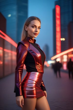 (full body photo), (A beautiful 35 year old Russian girl: (Polina Gagárina), magnetic smile, with futuristic Cyberpunk red and gold style, dressed in futuristic glam style leather clothing, retro-futurism, red clothing, ((Miniskirt)), background of a future city of Russia with skyscrapers, on a busy and elegant avenue, professional photograph taken with Canon EOS R5, photorealistic, intricate details, sharp 8k, (neon lighting and volumetric lights on her face and body), (neon ambient lighting),mecha,cyborg