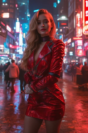 
(full body photo), (A beautiful 35 year old Russian girl , magnetic smile, with futuristic Cyberpunk red and gold style, dressed in futuristic glam style leather clothing, retro-futurism, red clothing, ((Miniskirt)), background of a future city of Russia with skyscrapers, on a busy and elegant avenue, professional photograph taken with Canon EOS R5, photorealistic, intricate details, sharp 8k, (neon lighting and volumetric lights on her face and body), (neon ambient lighting), Yulia Peresild 1.1 FLUX.1,mecha armour