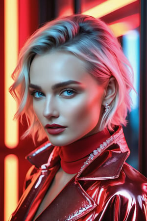 (Full body photo), (A beautiful 35 years old Russian girl: (Polina Gagarina), like a Russian princess with clothes from Russian culture but modernised with futuristic elements, with very intricate and elegant details. On her head she is wearing a large metallic red Kokoshnik in a circular shape. background of a future Russian city with skyscrapers, on a busy and elegant avenue, professional photograph taken with Canon EOS R5, photorealistic, intricate details, sharp 8k, (neon lighting and volumetric lights on her face and body), (neon ambient lighting), (neon ambient lighting),