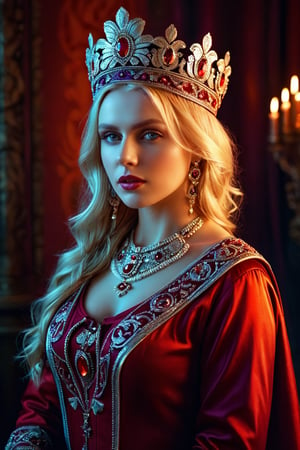 (((Full body photo))), Artistic photograph of Anna Linnikova with traditional Russian ornamentation with very intricate and hyper-realistic details. On her head is a large metallic red Kokoshnik of circular shape. She has to look with leading expression like a powerful Russian queen, with long platinum blonde hair in the wind, golden wings and red lipstick. Dimly lit environment with a soft spot of light focused on the face, mystical Russian atmosphere, cinematic fantasy, close-up, vibrant high contrast, hyper-realistic, background should be red gradient to brownish orange, everything has to be very detailed and hyper-realistic, UHD, strong reflections, one point lighting from the right vibrant volumetric color bear, Luminous Studio graphics engine, magenta, purple blue, cyan, octane render,coocolor,alexandramaslakova,Russian_folk_style