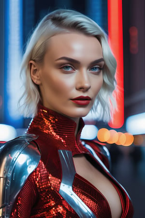 ((Full body photo)), (A beautiful 35 years old Russian girl: (Polina Gagarina), like a Russian princess with clothes of Russian culture but modernized with futuristic Cyberpunk style elements, red and silver colour), ((she has on her head futuristic Kokoshnik of Russian culture)), elegant photo, background of a future Russian city with skyscrapers, on a busy and elegant avenue, professional photo taken with Canon EOS R5, photorealistic, intricate details, sharp 8k, (neon lighting and volumetric lights on her face and body), (neon ambient lighting),cyborg