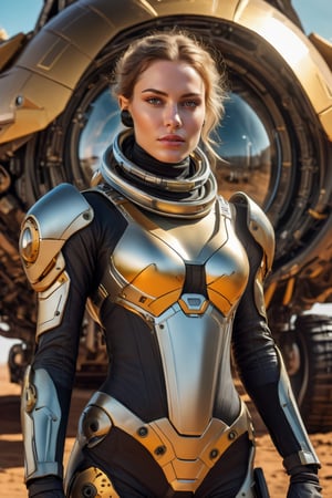 (Hyperrealistic scene of a beautiful Russian woman, (futuristic Russian cosmonaut), (Coming out of a spaceship), leading an expedition on another planet, commanding a landing of highly sophisticated robotic construction equipment on a new planet, (futuristic, (realistic and futuristic spacesuit style), (perfect face and realistic textures), professional dynamic pathography, intricate, cinematic, ominous, movie poster, golden ratio, cgsociety trend, intricate, epic, artstation trend, vibrant, ,cyborg,mecha,zj,cyb-3d-art,robot,IMGFIX