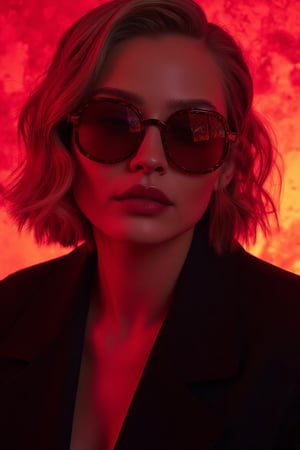 Portrait of Irina Shayk in elegant retro-futuristic style with blonde hair, wearing red sunglasses reflecting lights. Her expression is enigmatic and confident, with deep red lips. She wears a black coat on an abstract background of vibrant red tones. Fashion studio lighting, should create a play of light and shadow on her face, adding depth and drama to the image, volumetric lights Masterpiece,futurediff, ((No Asian features)),hiperrealism,,xRottx-gta-Style,Yulia Peresild 1.1 FLUX.1,1 girl