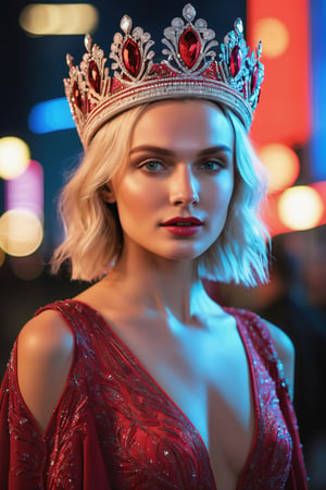 (Full length photo), (A beautiful 35 year old Russian girl: (Polina Gagarina), like a Russian princess in traditional clothes with very intricate and elegant details. On her head she is wearing a large metallic red Kokoshnik in a circular shape. background of a future Russian city with skyscrapers, on a busy and elegant avenue, professional photograph taken with Canon EOS R5, photorealistic, intricate details, sharp 8k, (neon lighting and volumetric lights on her face and body), (neon ambient lighting), (neon ambient lighting),