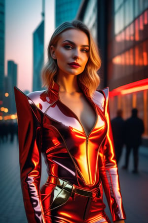 (full body photo), (A beautiful 35 year old Russian girl: ((Polina Gagárina)), magnetic smile, with futuristic Cyberpunk red and gold style, dressed in futuristic glam style leather clothing, retro-futurism, red clothing, background of a future city of Russia with skyscrapers, on a busy and elegant avenue, professional photograph taken with Canon EOS R5, photorealistic, intricate details, sharp 8k, (neon lighting and volumetric lights on her face and body), (neon ambient lighting), (style Chrome-plated metal),mecha