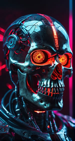 full body photo of evil menacing Translucent bio luminescent  cyborg skull, a beam of dark cosmic light  in background, red glowing vibrant eye socket,(intricate detail), (super detailed), 8k hdr, highly detailed,  perfect lighting, sinister glow,  atmospheric perspective, ray tracing, endless void background, skull fragments everywhere, Movie Still, backlighting, , cyborg style, Film Still,vaporwave style,cyborg style