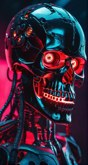 full body photo of evil menacing Translucent bio luminescent  cyborg skull, a beam of dark cosmic light  in background, red glowing vibrant eye socket,(intricate detail), (super detailed), 8k hdr, highly detailed,  perfect lighting, sinister glow,  atmospheric perspective, ray tracing, endless void background, skull fragments everywhere, Movie Still, backlighting, , cyborg style, Film Still,vaporwave style,cyborg style