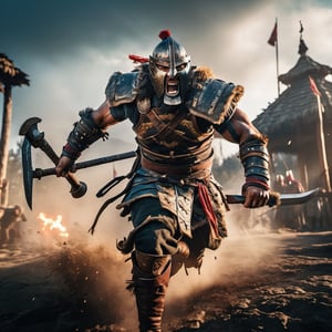 ((Insanely dynamic action shot)) of Berserker from For Honor, ultra realistic shot on Fujifilm GFX 50r Darek Zabrocki, Neil Blevins, Cedric Peyravernay, atmospheric