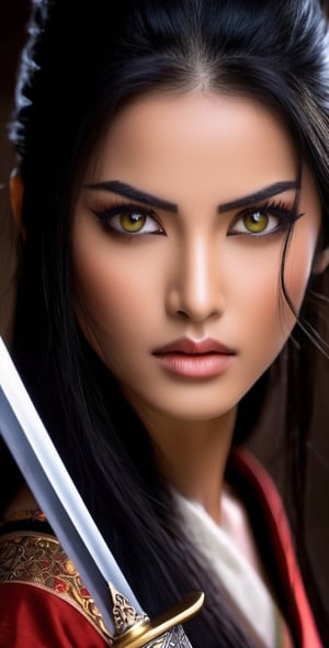 Generate an image of a girl. She possesses stunning, expressive eyes that reflect her strength and wisdom. Her long, lustrous black hair flows gracefully exuding elegance and power. In her hand, she firmly holds a gleaming Katana sword, symbolizing her mastery in the art of the sword and her dedication to the way of the warrior