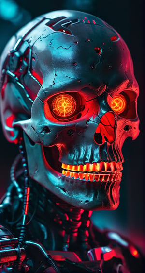 full body photo of evil menacing Translucent bio luminescent  cyborg skull, a beam of dark cosmic light  in background, red glowing vibrant eye socket,(intricate detail), (super detailed), 8k hdr, highly detailed,  perfect lighting, sinister glow,  atmospheric perspective, ray tracing, endless void background, skull fragments everywhere, Movie Still, backlighting, , cyborg style, Film Still,vaporwave style,cyborg style