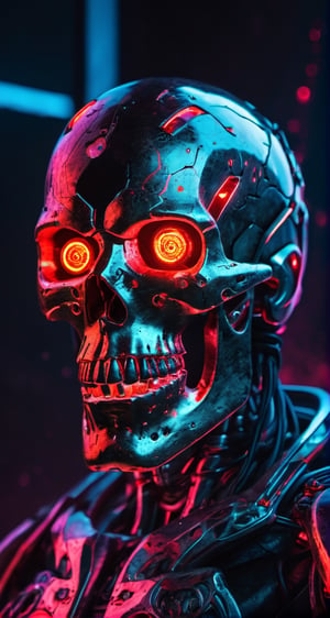 full body photo of evil menacing Translucent bio luminescent  cyborg skull, a beam of dark cosmic light  in background, red glowing vibrant eye socket,(intricate detail), (super detailed), 8k hdr, highly detailed,  perfect lighting, sinister glow,  atmospheric perspective, ray tracing, endless void background, skull fragments everywhere, Movie Still, backlighting, , cyborg style, Film Still,vaporwave style,cyborg style