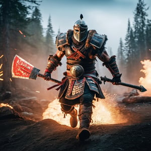 ((Insanely dynamic action shot)) of Berserker from For Honor, ultra realistic shot on Fujifilm GFX 50r Darek Zabrocki, Neil Blevins, Cedric Peyravernay, atmospheric