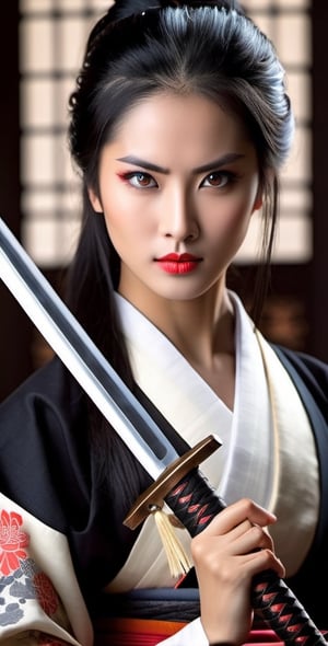 Generate an image of a girl. She possesses stunning, expressive eyes that reflect her strength and wisdom. Her long, lustrous black hair flows gracefully as she stands tall in a traditional samurai outfit, exuding elegance and power. In her hand, she firmly holds a gleaming Katana sword, symbolizing her mastery in the art of the sword and her dedication to the way of the warrior