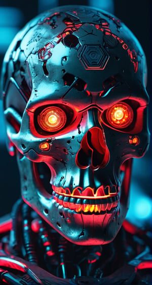 full body photo of evil menacing Translucent bio luminescent  cyborg skull, a beam of dark cosmic light  in background, red glowing vibrant eye socket,(intricate detail), (super detailed), 8k hdr, highly detailed,  perfect lighting, sinister glow,  atmospheric perspective, ray tracing, endless void background, skull fragments everywhere, Movie Still, backlighting, , cyborg style, Film Still,vaporwave style,cyborg style