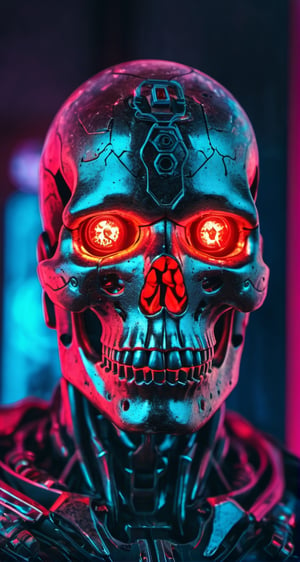 full body photo of evil menacing Translucent bio luminescent  cyborg skull, a beam of dark cosmic light  in background, red glowing vibrant eye socket,(intricate detail), (super detailed), 8k hdr, highly detailed,  perfect lighting, sinister glow,  atmospheric perspective, ray tracing, endless void background, skull fragments everywhere, Movie Still, backlighting, , cyborg style, Film Still,vaporwave style,cyborg style