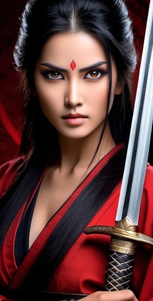 Generate an image of a girl. She possesses stunning, expressive eyes that reflect her strength and wisdom. Her long, lustrous black hair flows gracefully exuding elegance and power. In her hand, she firmly holds a gleaming Katana sword, symbolizing her mastery in the art of the sword and her dedication to the way of the warrior