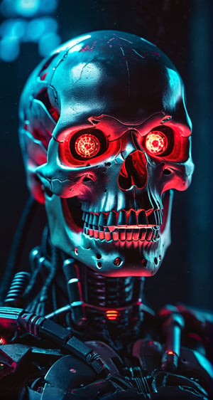 full body photo of evil menacing Translucent bio luminescent  cyborg skull, a beam of dark cosmic light  in background, red glowing vibrant eye socket,(intricate detail), (super detailed), 8k hdr, highly detailed,  perfect lighting, sinister glow,  atmospheric perspective, ray tracing, endless void background, skull fragments everywhere, Movie Still, backlighting, , cyborg style, Film Still,vaporwave style,cyborg style