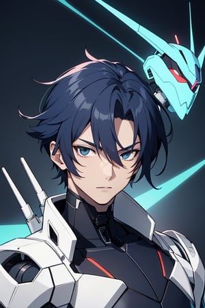  robotic anime a.i male handsome attractive smarty  and background is dark blue and black
