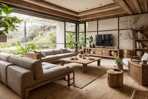 wabi sabi livingroom interior, large glass window, garden outside, dinning table and chair, couch, rough-hewn wood coffee table, day light, natural light, low contrast, potted plant, tv, tv cabinet, bookshelf, books, drape