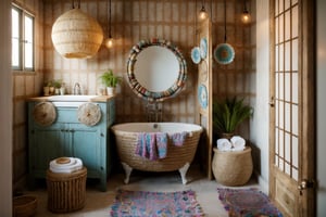 Eye-Level View, bathroom, toilet, sink, bathtube, Open Plan, Bohemian (Boho), Vibrant, Decorative Lighting, Natural Fibers with a Woven texture, flower, Romantic