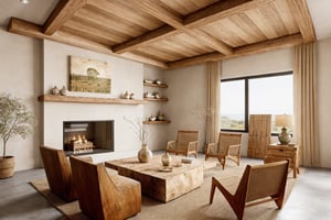 wabi-sabi livingroom interior, wabi-sabi interior style, design tends to be minimalist, (muted tones of beige, gray, brown, and green), calming and natural atmosphere, (earthy color palette), ((rough-hewn wood)), handmade textiles,natural fabrics, sofa, armchair, table, rug, wood floor, drapes,glass window, rough-hewn wood ceiling, rough-hewn wall, television, rough-hewn wood cabinet, flower vase, picture frames, antique furniture and decor items, natural light, softlight,