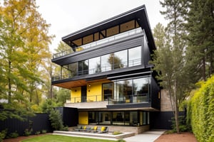 house exterior industry style, dark yellow and green color scheme, like an oldtime industry factory,raw materials, exposed structural elements, and simple, clean lines,rough-hewn steel, polished concrete, glass, and exposured brick,