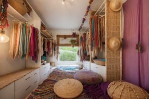 Eye-Level View, walkin closet, wardrobe, clothing, Open Plan, Bohemian (Boho), Vibrant, Decorative Lighting, Natural Fibers with a Woven texture, flower, Romantic