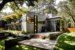 house exterior industry style, dark yellow and green color scheme, like an oldtime industry factory,raw materials, exposed structural elements, and simple, clean lines,rough-hewn steel, polished concrete, glass, and exposured brick,