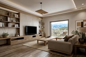 RAW photo, wabi-sabi livingroom interior, wabisabi interior style, design tends to be minimalist, 
Think muted tones of beige, gray, brown, and green to create a calming and natural atmosphere, earthy color palette, rough-hewn wood, handmade textiles, and natural fabrics, 
sofa, armchair, table, rug, wood floor, drapes,glass window,  exposured wood ceiling, stucco wall,  television, cabinet, flower vase, picture frames, celling fan, antique furniture and decor items,
natural light, softlight,
8k uhd, dslr, soft lighting, high quality, film grain, Fujifilm XT3 ,