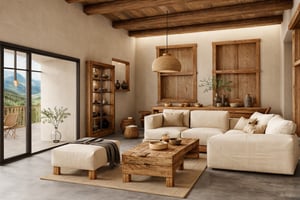 wabi-sabi livingroom interior, wabi-sabi interior style, design tends to be minimalist, (muted tones of beige, gray, brown, and green), calming and natural atmosphere, (earthy color palette), ((rough-hewn wood)), handmade textiles,natural fabrics, sofa, armchair, table, rug, wood floor, drapes,glass window, rough-hewn wood ceiling, rough-hewn wall, television, rough-hewn wood cabinet, flower vase, picture frames, antique furniture and decor items, natural light, softlight,