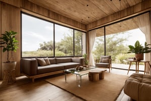 wabi sabi livingroom interior, large glass window, garden outside, dinning table and chair, couch, rough-hewn wood coffee table, day light, natural light, low contrast, potted plant, picture frame, bookshelf, books, drape