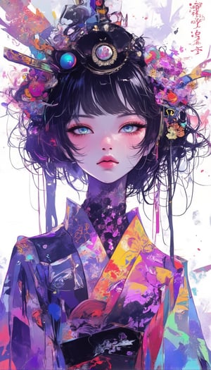 Here's a prompt that captures the desired image:

A cinematic shot of a fantasy beauty, anime style girl, art nouveau inspiration, set against a white background. A half-Japanese and half-Spanish samurai girl with an egg-shaped face, drawn in rough lines, short neck, detailed eyes, beautiful turquoise blue eyes gazes up with half-closed eyes that sparkle like bio-chemiluminescence. Her detailed features, including fractal irises, are enhanced by white eye makeup, eyelashes, eyeliner, and eyeshadow. purple theme,She wears an intricate kimono dress adorned with mysterious metallic  ruffles and gorgeous hair ornaments as her semi-transparent body reveals a sexy teenage figure. Long hair flows like a kaleidoscope, with four different wind effects blowing, amidst a melting pigments effect with dripping paint and multicolour splashes surrounding the woman.