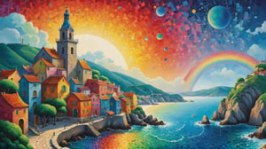 oil painting concept art, vibrant color, 

The Southern Star Atlas, (Teppei Sasakura style:1.5),  (Pointillism:1.3), (papercutting:1.2), cutout picture, (HDR:1.4), high contrast, 

Create a whimsical and vibrant townscape with colorful, fantastical buildings, rainbow, shore of a port town The color palette should include vibrant colors with contrasting highlights and shadows to give depth, The brushwork is smooth with clean lines for the buildings and more fluid strokes for the sky and water reflections, The overall art style evoke elements of surrealism mixed with folk art, Draw inspiration from artists like Marc Chagall for dreamlike scenes and Joan Miró for bold colors and shapes,

a image for a póster of psytrance festival, contains fractals, spiritual composition, the imagen evoke happiness and energy. the imagen contains organic textures and surreal composition. some parts of the image evoke a las trip,