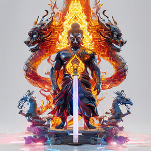 A shining Fudo Myoo with a cybernetic statue of Buddah, flame halo, anger expression, crawling over a luminous, Whimsical Macro shot of a whimsically mythical a statue of Buddah with large golden eyes, resembling a Fudo Myoo with crystal body, holding a sword in his right hand with flames and dragons wrapped around it. holding a single-pronged vajra. coming through a whole in the wall which is surrounded by multicolour splashes, head and paws first, white background,full body shot, Ultra High Definition,HD,3D 8k,