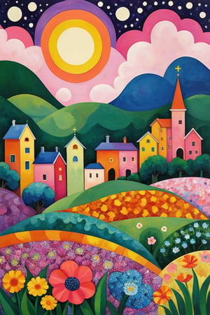oil painting concept art, vibrant color, 

The starry night, Teppei Sasakura style, paper cutting, Pointillism, 

Create a whimsical and vibrant townscape with colorful, fantastical buildings, flowers field in front of buildings, The color palette should include bright pinks, oranges, blues, and purples, with contrasting highlights and shadows to give depth, The brushwork should be rough, with clean lines for the buildings and more fluid strokes for the sky and water reflections, The overall art style should evoke elements of surrealism mixed with folk art, Draw inspiration from artists like Marc Chagall for dreamlike scenes and Joan Miró for bold colors and shapes,

a image for a póster of psytrance festival, contains fractals, spiritual composition, the imagen evoke happiness and energy. the imagen contains organic textures and surreal composition. some parts of the image evoke a las trip,p1c4ss0