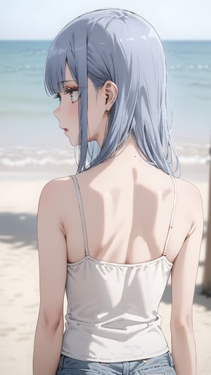 high resolution,  ultra detailed,  (masterpiece:1.4), taeri,  busty, super photo realistic illustration, highres, ultla detailed, absurdres,  best quality, masterpiece,  

sense of depth, outdoor, beach, horizon, face only, upper teeth only, clear face, parted lips, puffy lips, solo, girl, 16yo, ((white eyes, white eye makeup, white eyelashes, white eyeliner, white eyeshadow, white pupils)), kawaii, (((very skinny, emaciated))), ribs, hip bones, gradient hair, silver hair, blue hair, blunt bangs, eyes visible through hair,camisole, denim shot pants,, standing, insanely detailed eyes, (from back shot:1.5), hip focus, hip only, 