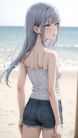 high resolution,  ultra detailed,  (masterpiece:1.4), taeri,  busty, super photo realistic illustration, highres, ultla detailed, absurdres,  best quality, masterpiece,  

sense of depth, outdoor, beach, horizon, face only, upper teeth only, clear face, parted lips, puffy lips, solo, girl, 16yo, ((white eyes, white eye makeup, white eyelashes, white eyeliner, white eyeshadow, white pupils)), kawaii, (((very skinny, emaciated))), ribs, hip bones, gradient hair, silver hair, blue hair, blunt bangs, eyes visible through hair, camisole, denim shots, standing, insanely detailed eyes, looking forward, (from back shot:1.5), focus hip,