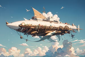 ultra hires, ultra detailed, masterpiece 

Steampunk airship in the shape of a shark flying abovew the clouds, firing

The airship is made of a combination of wood and metal, with a large fish-like body and two large fins on the top and bottom,
The body of the airship is covered in intricate details, such as pipes, gears, windows, and lanterns,
The airship has a propeller at the back and a balloon on the top that helps it float in the sky,
The airship is flying in a clear blue sky with fluffy white clouds and a bright sun,
The airship has a name written on the side in a fancy font,The Leviathan,