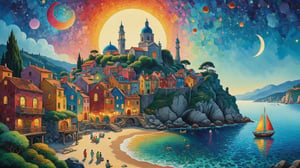 oil painting concept art, vibrant color, 

The Southern Star Atlas, (Teppei Sasakura style:1.5),  (Pointillism:1.3), (papercutting:1.2), cutout picture, (HDR:1.4), high contrast, 

Create a whimsical and vibrant port townscape with colorful, fantastical buildings and Wooden yacht, shore of a port town The color palette should include vibrant colors with contrasting highlights and shadows to give depth, The brushwork is smooth with clean lines for the buildings and more fluid strokes for the sky and water reflections, The overall art style evoke elements of surrealism mixed with folk art, Draw inspiration from artists like Marc Chagall for dreamlike scenes and Joan Miró for bold colors and shapes, snset, shining crescent moon,

a image for a póster of psytrance festival, contains fractals, spiritual composition, the imagen evoke happiness and energy. the imagen contains organic textures and surreal composition. some parts of the image evoke a las trip,