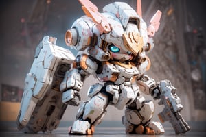 Best quality, masterpiece, high level of detail, ultra hires, masterpiece,  16k wallpaper,  absurdres, concept art,  high level of detail,  (HDR:1.4), blush_stickers,
BREAK

BJ_Cute_Mech, 1 bipedal mech,  solo, chibi,  extremely beautiful mech, perfect chibi full body,  mech in distance,  mechanical face,  mech face in detail,  huge mechanical head in detail,  hard surface face,  two huge jade eyes like mecanical camera lends, perfect chibi full body, extremely super small torso,  weapon,  (holding_shield in mech's left hand:1.5) ,  (gun:1.5),  helmet, holding_ mechanical weapon in mech's right hand, chibi android,  joints,  robot_joints,  orange rivet on joints,  hard surface,  heavy armored head and body, heavy armored arms and legs,
BREAK

//Background
(steampunk field  background:1.5),  depths of deep field, broken machines, many gears, many machines, 

//Effect
cinematic lighting, light effects, blooming light effects,paper collage, layered composition,structured patterns,(mixed media aprroach,  creative doodling, artistic expression, Zentangle:1.4), 