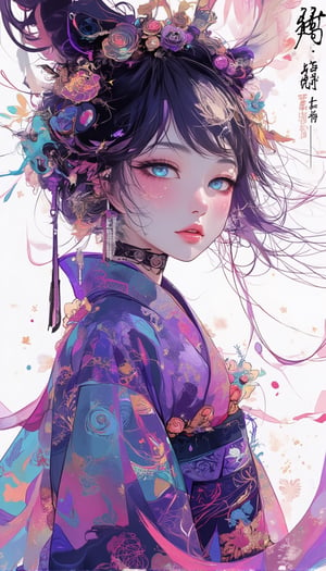 Here's a prompt that captures the desired image:

A cinematic shot of a fantasy beauty, anime style girl, art nouveau inspiration, set against a white background. A half-Japanese and half-Spanish samurai girl with an egg-shaped face, drawn in rough lines, short neck, detailed eyes, beautiful turquoise blue eyes gazes up with half-closed eyes that sparkle like bio-chemiluminescence. Her detailed features, including fractal irises, are enhanced by white eye makeup, eyelashes, eyeliner, and eyeshadow. purple theme,She wears an intricate kimono dress adorned with mysterious metallic  ruffles and gorgeous hair ornaments as her semi-transparent body reveals a sexy teenage figure. Long hair flows like a kaleidoscope, with four different wind effects blowing, amidst a melting pigments effect with dripping paint and multicolour splashes surrounding the woman.