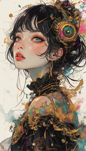 Here's a prompt that captures the desired image:

A cinematic shot of a fantasy beauty, anime style girl, art nouveau inspiration, set against a white background. A half-Japanese and half-Spanish beutiful girl with an egg-shaped face, drawn in rough lines, short neck, detailed eyes, beautiful turquoise blue eyes gazes up with half-closed eyes that sparkle like bio-chemiluminescence. Her detailed features, including fractal irises, are enhanced by white eye makeup, eyelashes, eyeliner, and eyeshadow. sparkling gold theme,She wears an intricate gothic dress adorned with mysterious metallic  ruffles and gorgeous hair ornaments as her semi-transparent body reveals a sexy teenage figure. Long hair flows like a kaleidoscope, with four different wind effects blowing, amidst a melting pigments effect with dripping paint and multicolour splashes surrounding the woman.