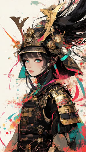 Here's a prompt that captures the desired image:

A cinematic shot of a fantasy beauty, anime style girl, art nouveau inspiration, set against a white background. A half-Japanese and half-Spanish samurai girl with an egg-shaped face, drawn in rough lines, short neck, detailed eyes, beautiful turquoise blue eyes gazes up with half-closed eyes that sparkle like bio-chemiluminescence. Her detailed features, including fractal irises, are enhanced by white eye makeup, eyelashes, eyeliner, and eyeshadow. black and gold theme, 

Here’s a more detailed and combined description of the features and materials of Japanese armor during the Sengoku period:
The armor from the Sengoku period, was meticulously crafted to provide maximum protection while ensuring mobility. It typically included a helmet adorned with intricate decorations and family crests, a cuirass made from lacquered iron plates for rust prevention, shoulder guards, arm guards, thigh guards, and shin guards. The armor’s design was both functional and ornate, reflecting the samurai’s status and clan affiliation. The primary materials used were iron and leather, with iron plates connected by leather or silk cords for strength and flexibility. Silk was particularly valued for its durability and ability to maintain the armor’s integrity during combat. This combination of materials and craftsmanship ensured that the armor could effectively protect against traditional weapons of the time, such as swords, , gorgeous hair ornaments as her semi-transparent body reveals a sexy teenage figure. Long hair flows like a kaleidoscope, with four different wind effects blowing, amidst a melting pigments effect with dripping paint and multicolour splashes surrounding the woman. from side low angle, long at viewer, learning back, 